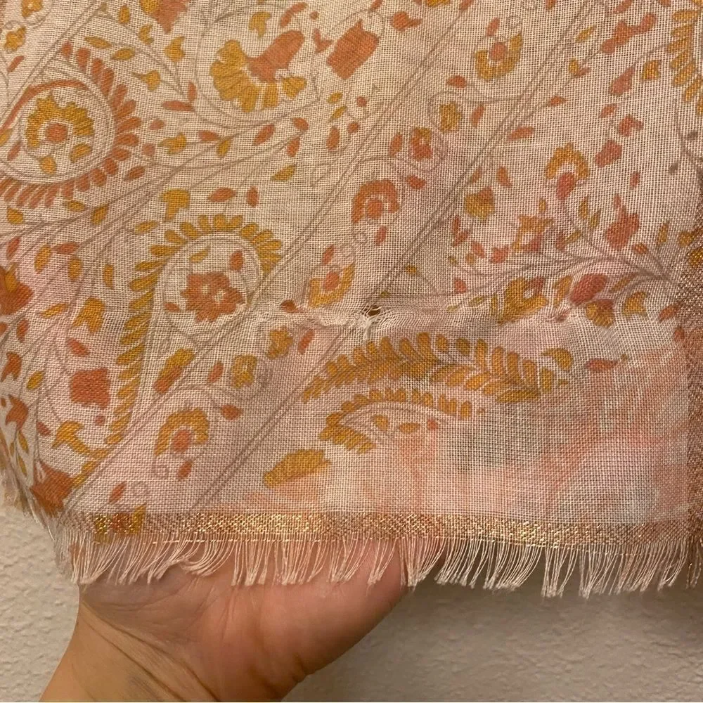 Peach metallic thread paisley print lightweight semi sheer scarf wrap 27x72